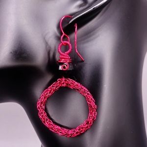 Magenta and black viking knit hoop earrings